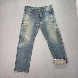 System Jeans Mens Blue Straight Frayed Hem Selvedge Thrashed Denim Fits 32x27